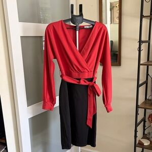 Grace Karin Red and Black Long-Sleeve Wrap Dress with Self-Tie Waist